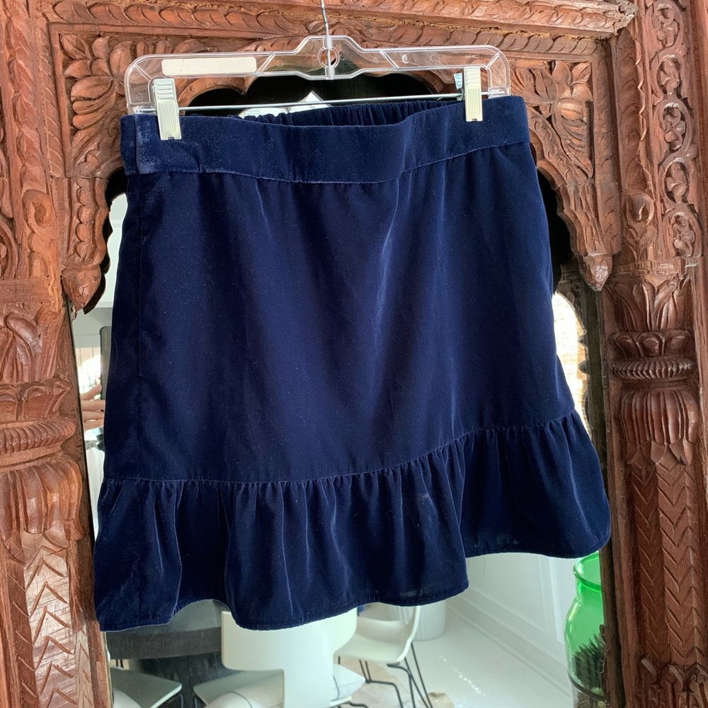 Blue velvet ruffle mini skirt